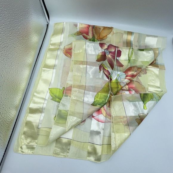 Silk Square Scarf Women 37 x 37 Inches Shawl Wrap floral Yellow - Picture 3 of 11